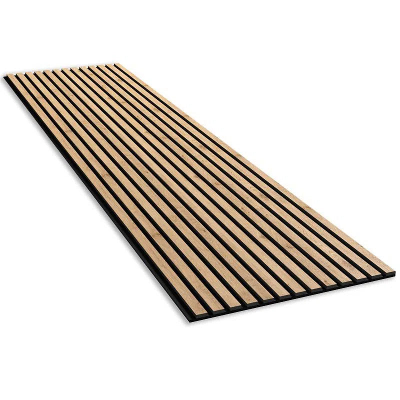 Natural Oak Black Acoustic Wood Slat Wall Panel on white background DecorMania UK